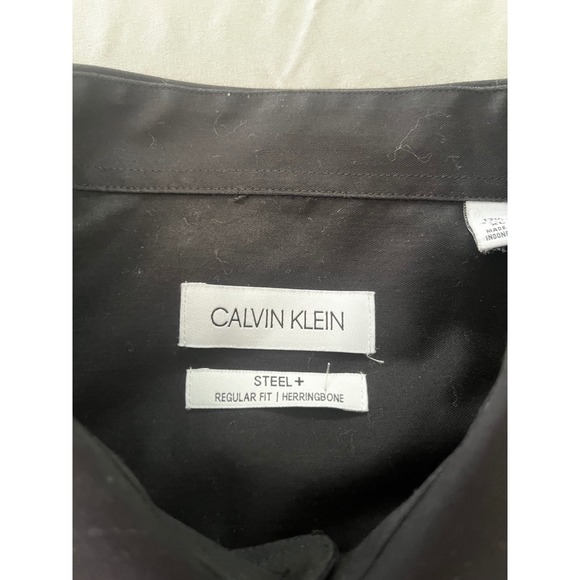 Calvin Klein Steel Regular Fit Herringbone Black Button Down Shirt XL 17.5 32/33 - Picture 3 of 9